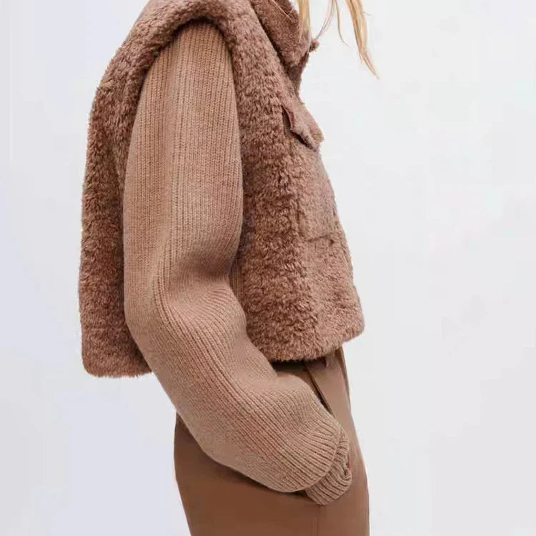 IOO Winter New Thick Warm Wool Fur Women Coats Knit Splice Turn-Down Collar Pocket Faux Fur Short Female Outwear Jackets Tops