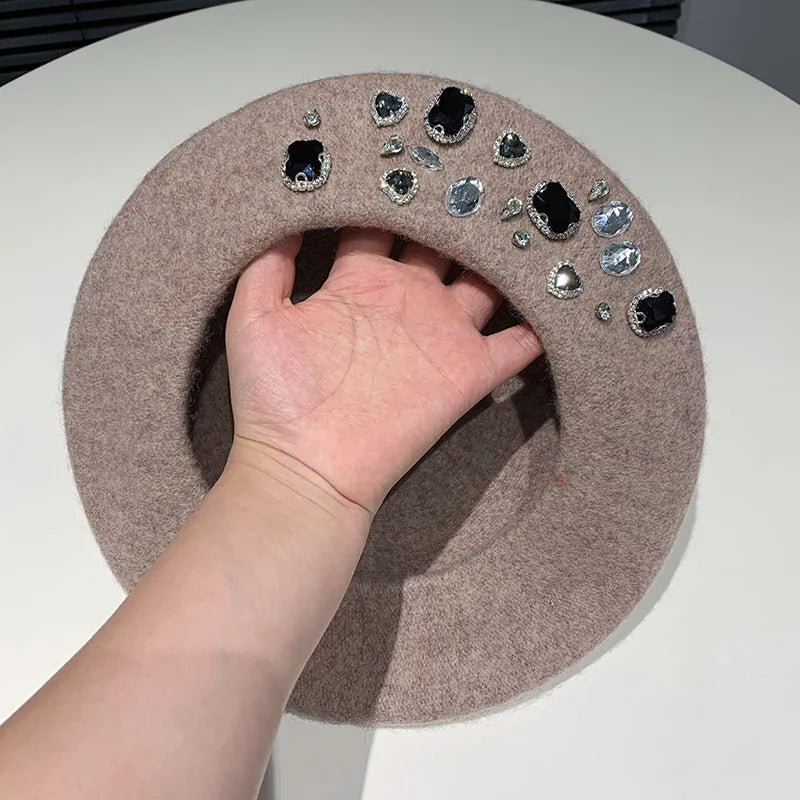 Berets Women Hat Brimless Stretchy Comfortable Rhinestone Y2K Cap Autumn Female Flat Color Cotton 8 56-58cm