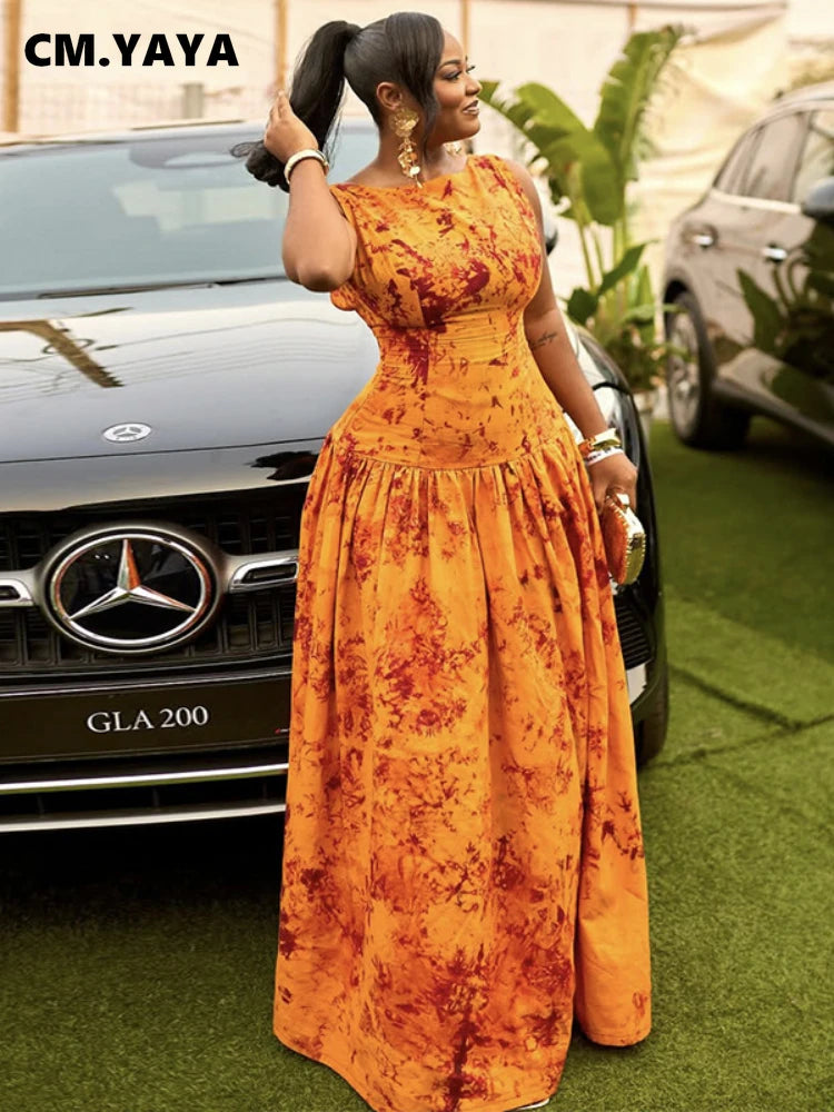 CM.YAYA Women Floral Print Sleeveless Big Swing High Waist Long Maxi Dress 2025 Chic Evening Sexy Party Vintage Dresses Vestidos