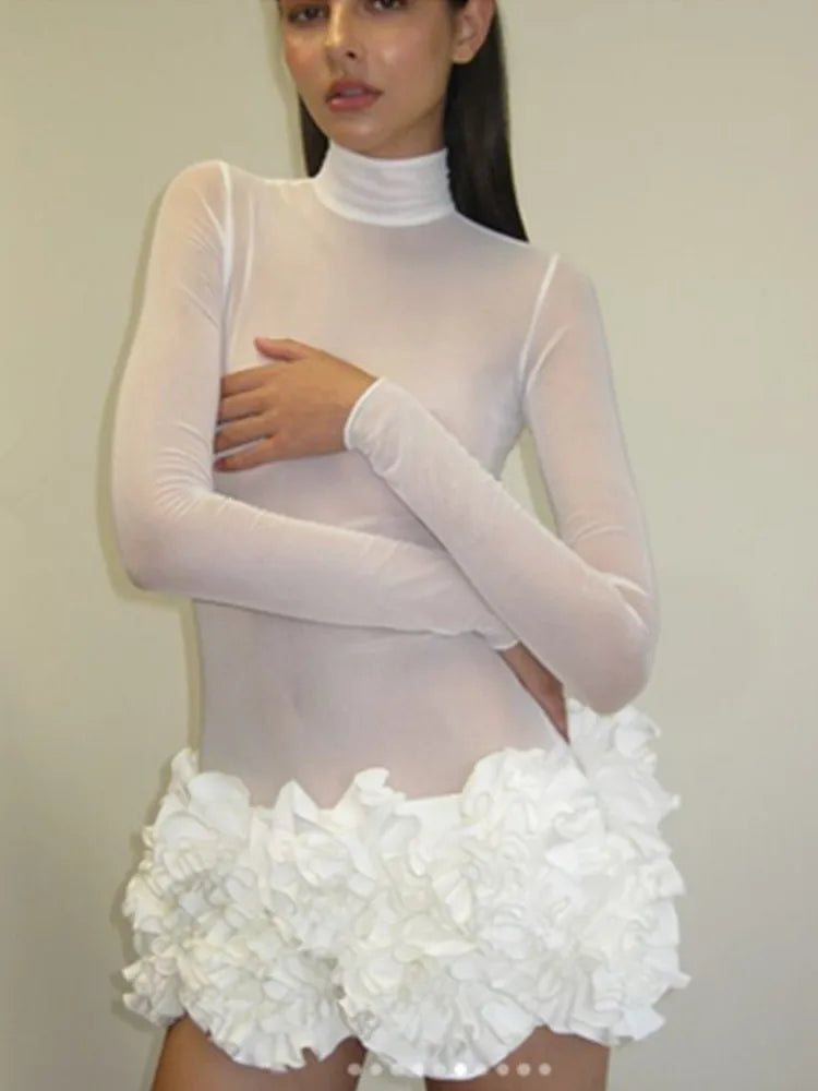 Women Sexy Long Sleeve Flower Mesh Red White Mini Celebrity Bodycon Bandage Dress 2025 Elegant Evening Club Party Dress