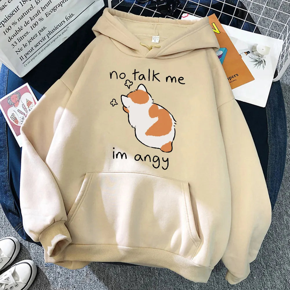 No Talk Me Cute Angry Cat Print Women Hoody Hip Hop Soft Sweatshirt Casual Fleece Sweatshirt Oversize Fleece Women Streetwear Beige