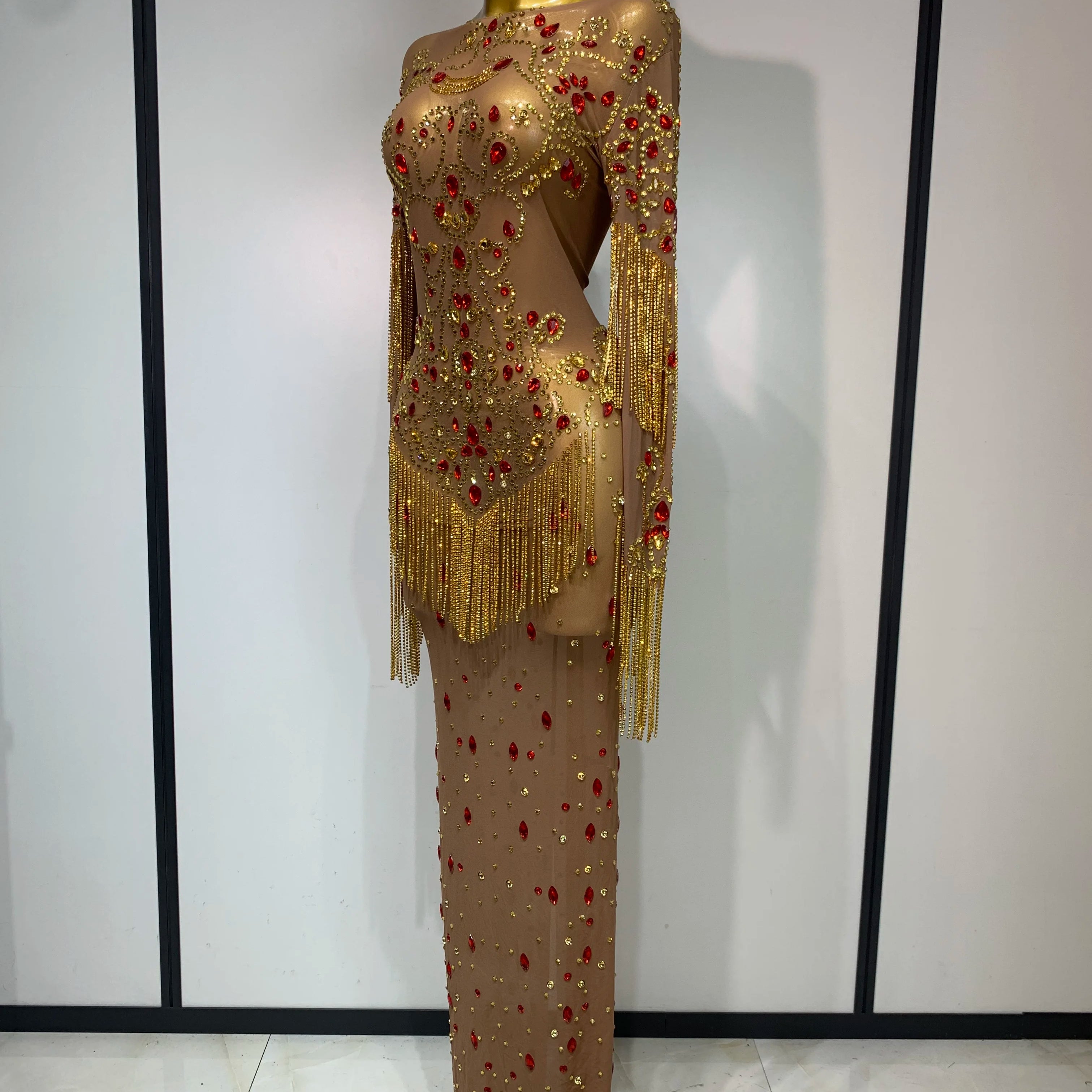 High Quality See Through Elastic Mesh Sparkly Rhinestone Stage Performan Costume Luxury Birthday Evening Party Wedding Dress