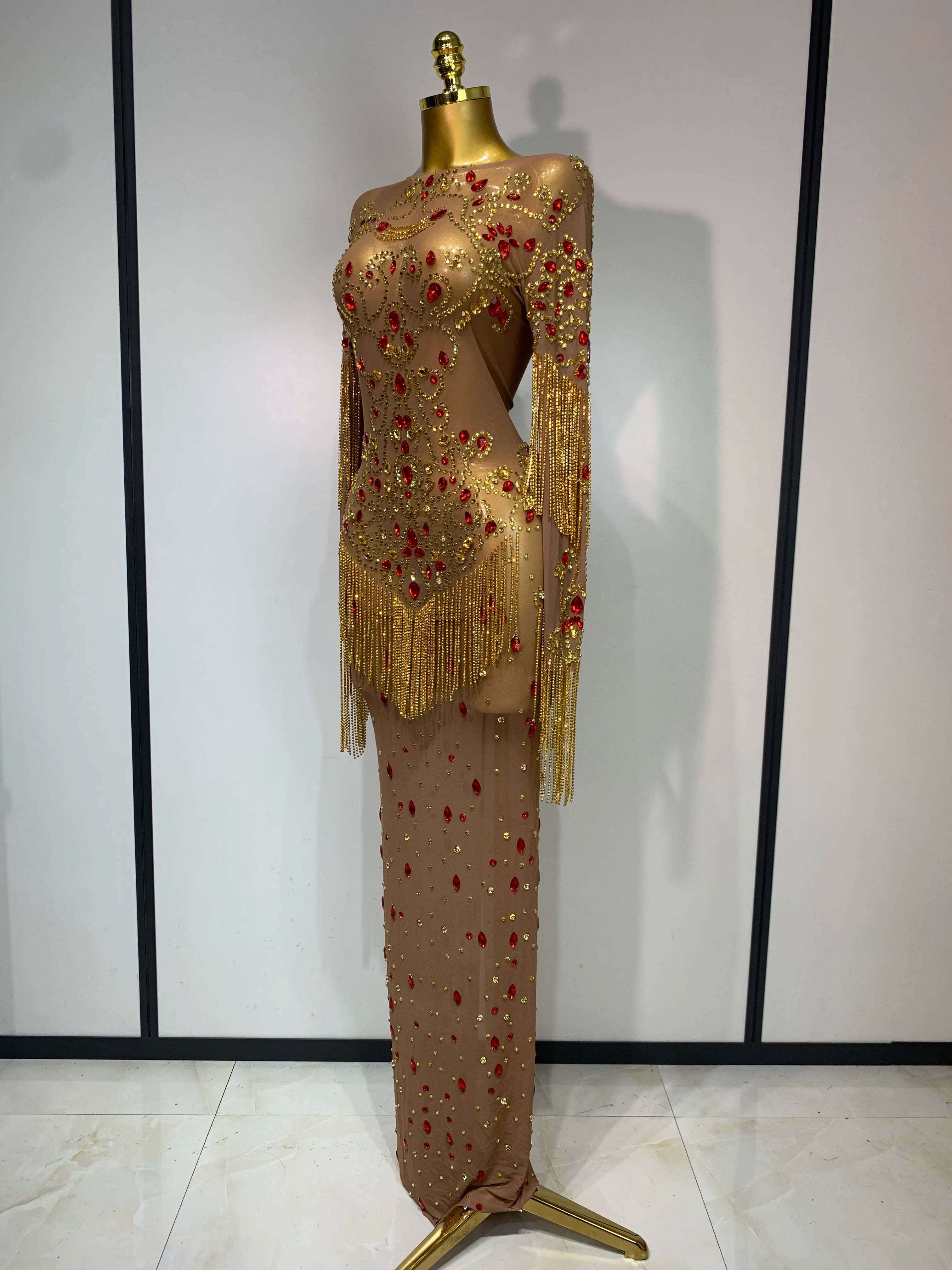 High Quality See Through Elastic Mesh Sparkly Rhinestone Stage Performan Costume Luxury Birthday Evening Party Wedding Dress