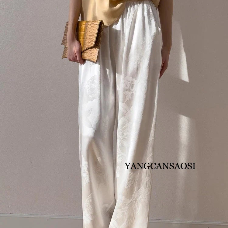 Women's Fashion Spring New 45MM Heavyweight 100%Natural Mulberry Silk Jacquard Satin White Versatile Wide Leg Pants