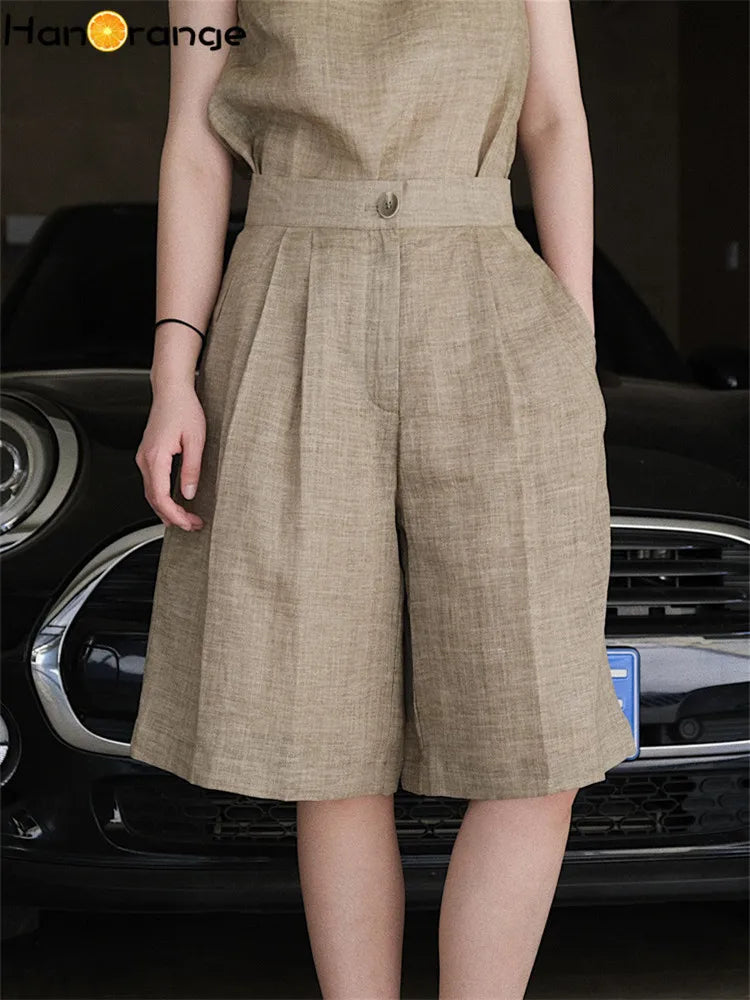 HanOrange Summer Lazy Linen Casual Knee Length Pants Women Loose Thin Anti-transparent A-line Profile Five Cents Trousers
