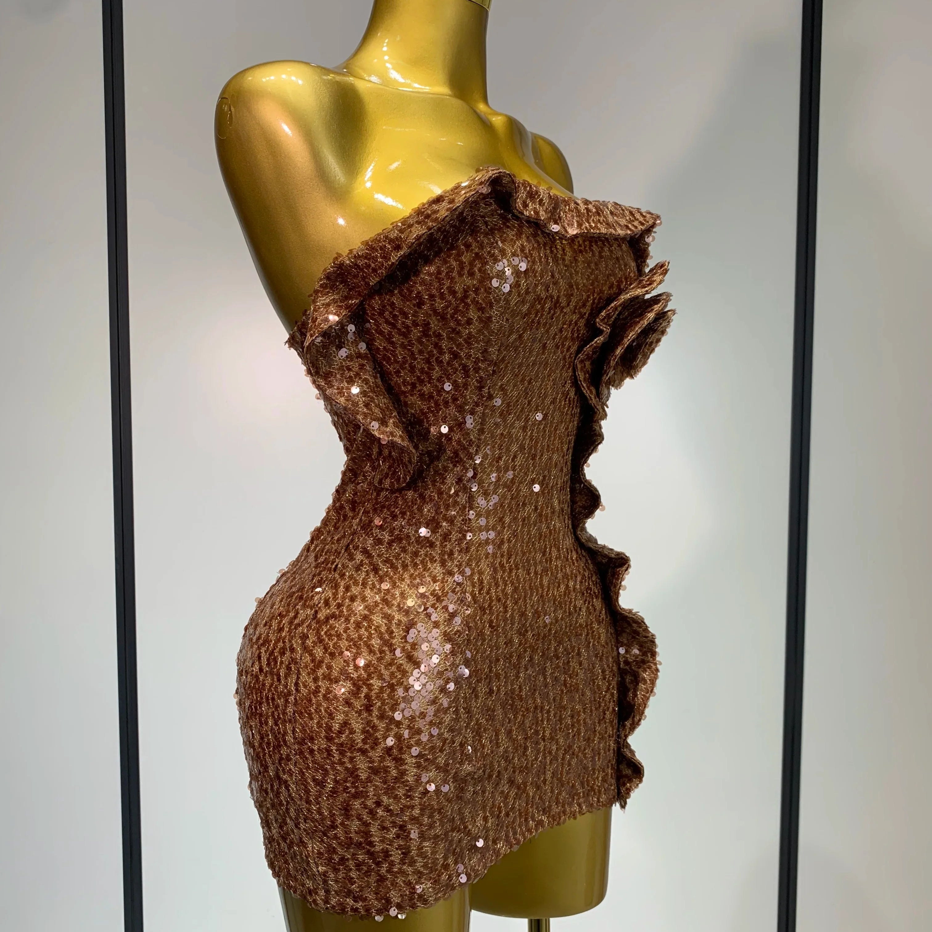 Women Sexy Strapless Backless Brown Sequins Mini Dress  Celebrity Elegant Evening Party Club Luxury Birthday Guest Gown