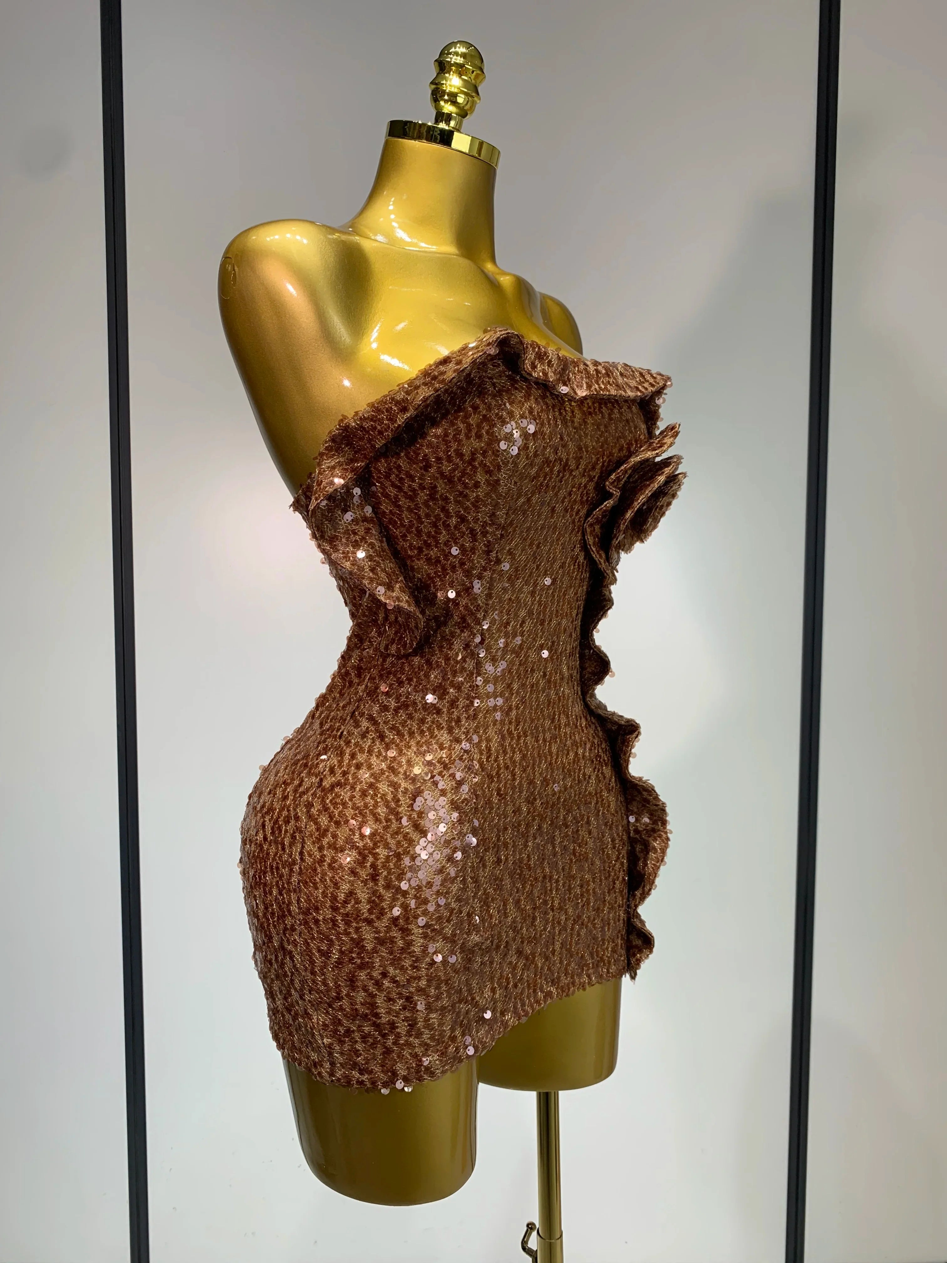 Women Sexy Strapless Backless Brown Sequins Mini Dress  Celebrity Elegant Evening Party Club Luxury Birthday Guest Gown