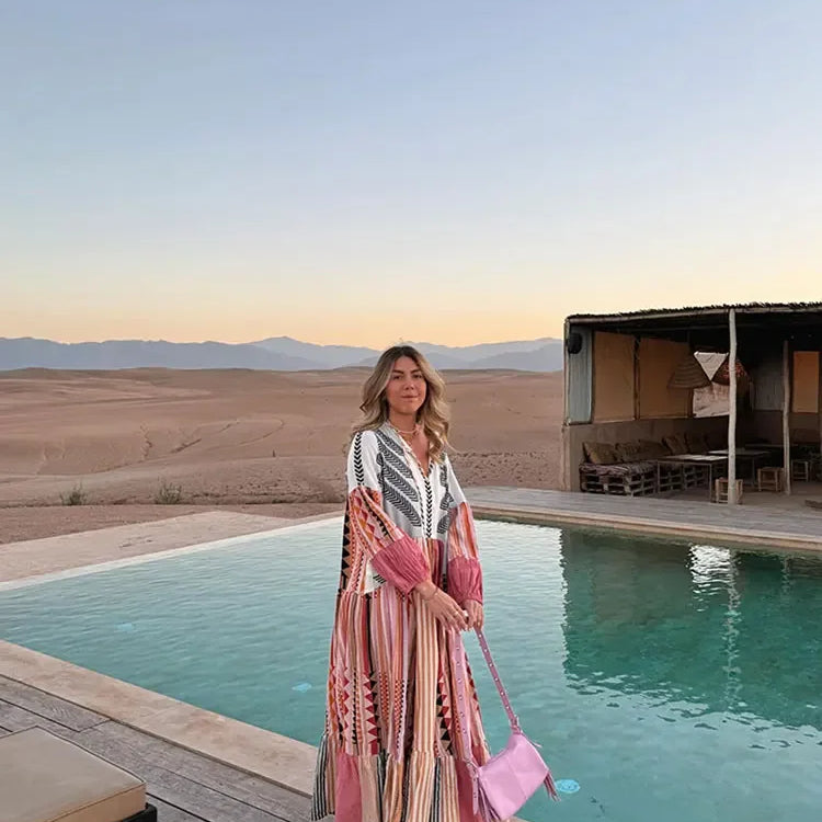 Retro Stripe Print Patchwork Maxi Dresses Women Loose V Neck Long Lantern Sleeve Long Dress Spring Chic Female Beach Casual Robe