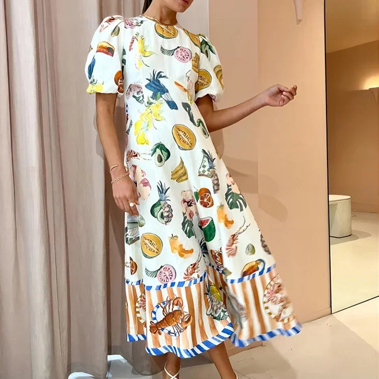 Holiday Beach Style Fruit Maxi Dresses NEW Summer Trendy and Unique Graffiti Print Bodycon Versatile Dress for Women Ivory