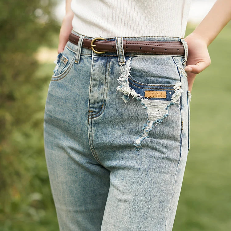 Women's Straight Leg Jeans Summer Denim Retro High Waist Contrast Color Pockets Dilapidated Casual Pants