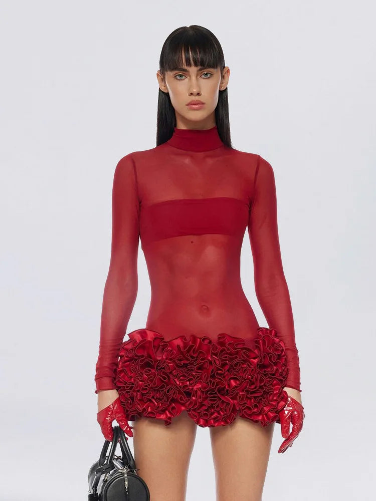 Christmas Women Sexy Mesh See Through Bodycon Mini Bandage Dress Florals Nightclub Party Bar Singer Performance Costume