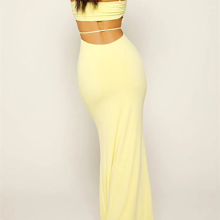 CHRONSTYLE Women Long Dresses Slim Fit Square Neck Backless Spaghetti Strap Solid Color Dress Party Club Wedding Night Vestidos