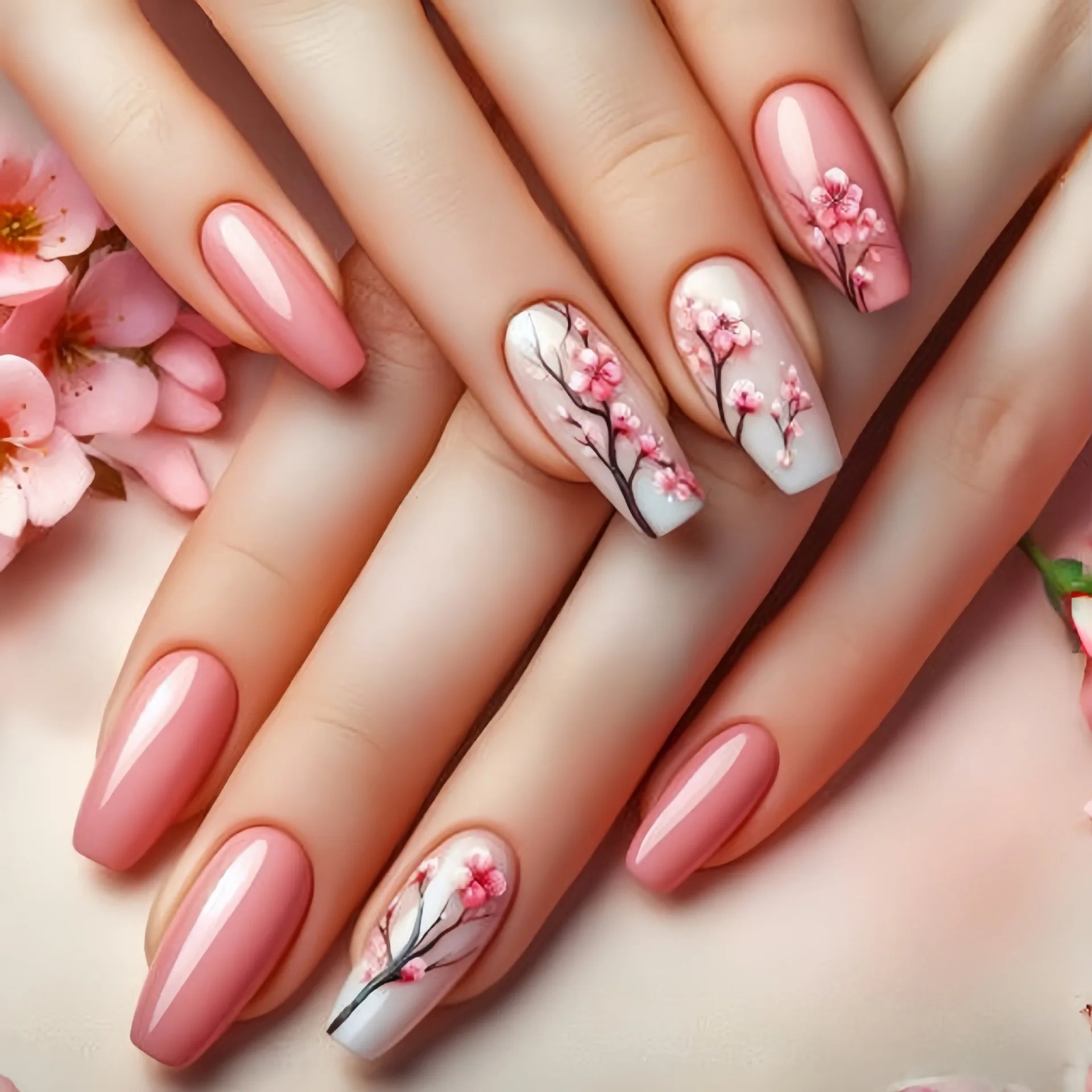24pcs/set medium long fake nails for Spring summer season beautiful peach flowers butterfly design press on false nail art tips