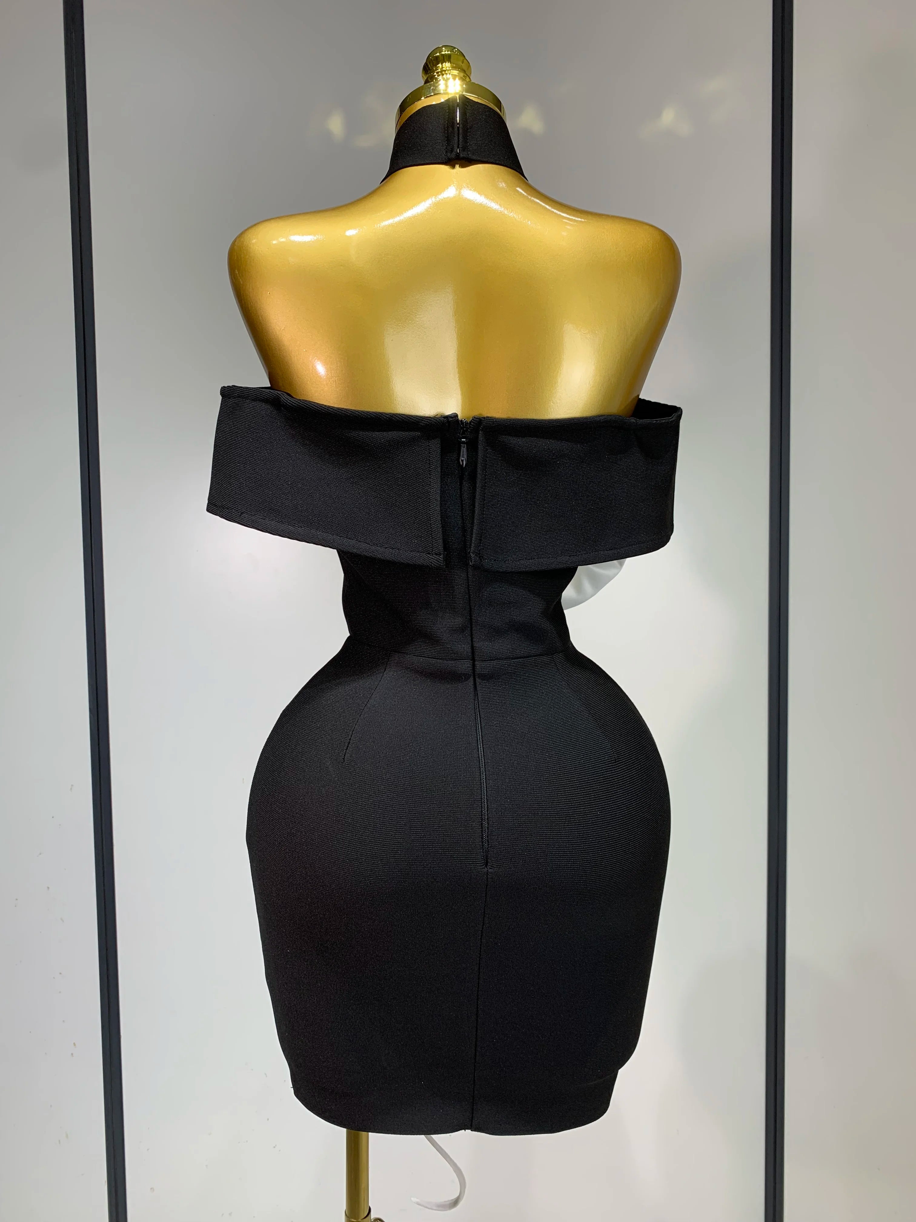 Women Sexy Off Shoulder White Flower Black Mini Bodycon Bandage Dress Luxury 2025 Celebrity Evening Club  Elegant Party Gowns