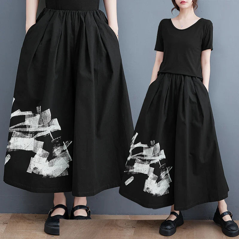New Arrival Japan Yamamoto Dark Style Black Summer Wide Leg Pants Print Fashion Women High Waist Casual Pants Culotte