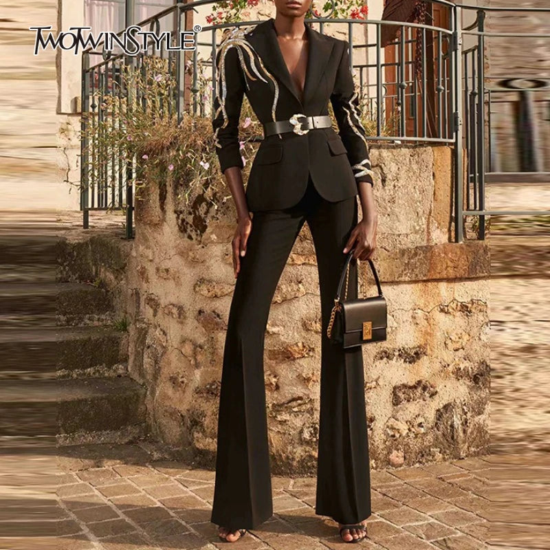 TWOTWINSTYLE Solid Slimming Two Piece Sets for Women Lapel Long Sleeves Patchwork Hot Fix Top High Waist Flared Pant Set Female