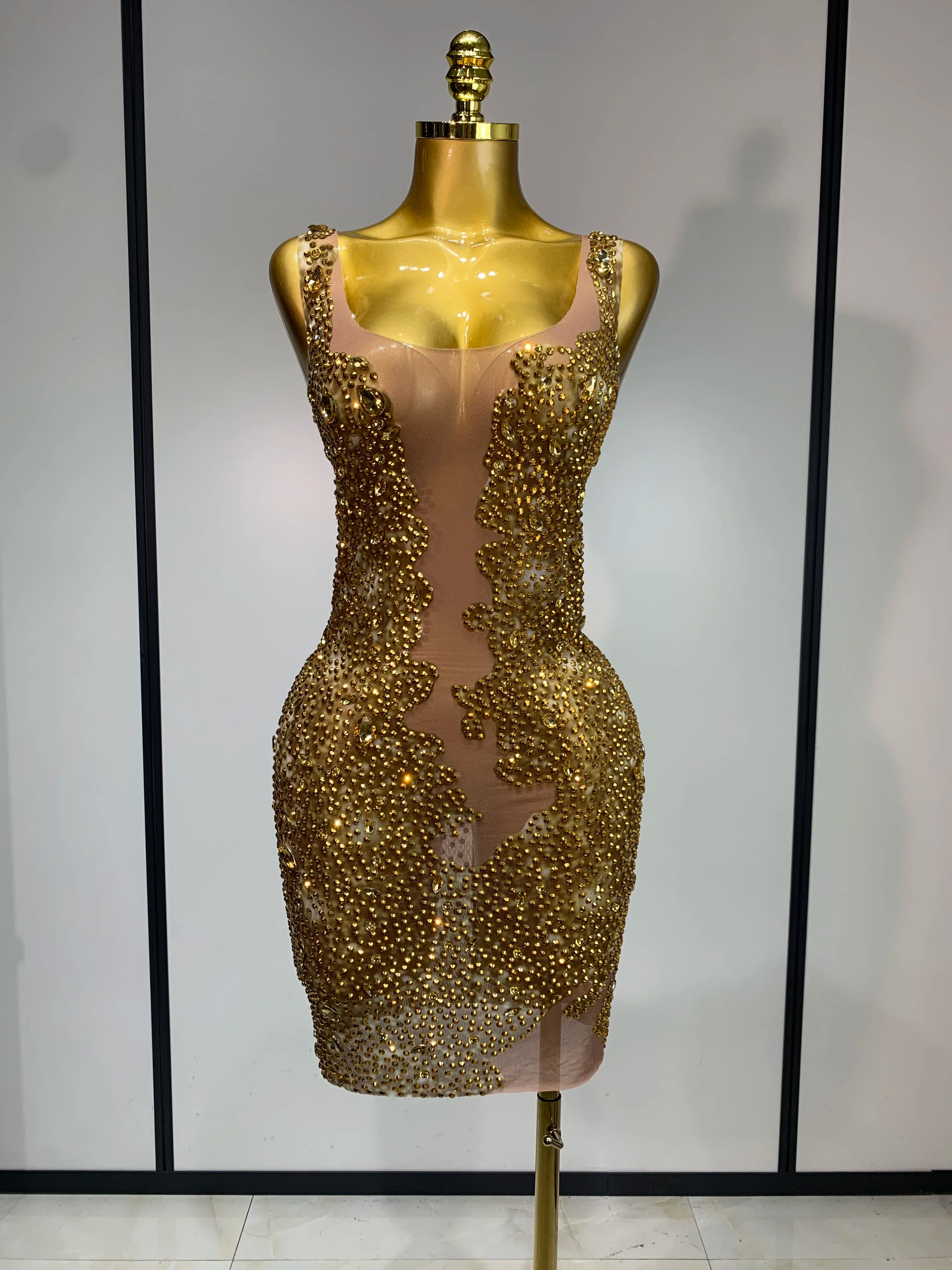 Women Sexy Stage Perform Outfit Club Gown Shining Gold Rhinestones Elegant Mesh Dress Birthday Evening Party Photoshoot Costume