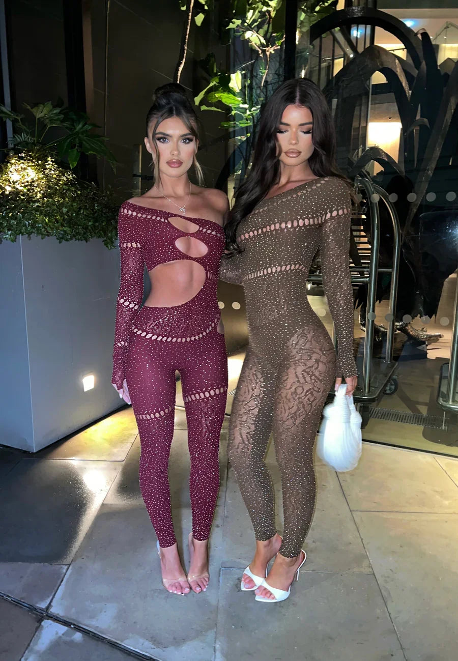 Womens One Piece Nightwear Party Clubwear Bodycon Rhinestone Crystal Bodystocking Jumpsuit Lingerie DY-008 wine red One Size