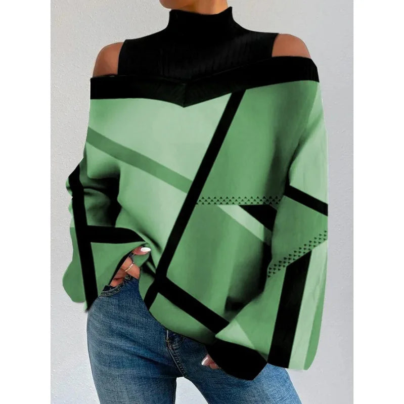 2024Ladies Long Sleeve Turtleneck Tops Women Sexy Off Shoulder Hollow Out Loose Printing T-shirt Autumn Fashion T-shirt Top 9