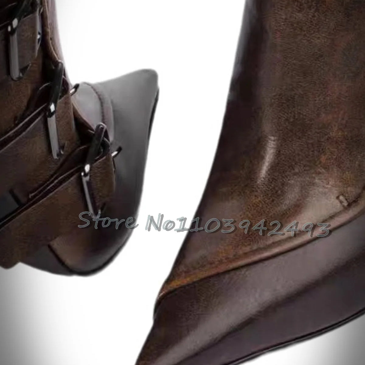 Stylish Brown Strappy Boots Pointed Toe High Heels Mid-calf Chunky Heel Fashion Women's Shoes Black Chic Buckle Outer 2025 New