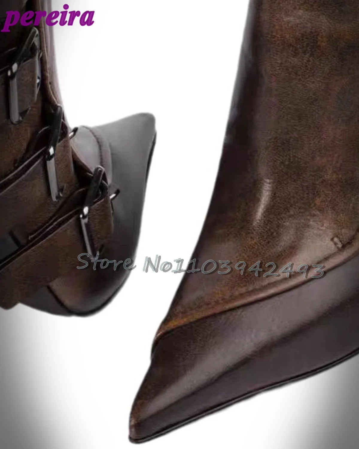 Stylish Brown Strappy Boots Pointed Toe High Heels Mid-calf Chunky Heel Fashion Women's Shoes Black Chic Buckle Outer 2025 New