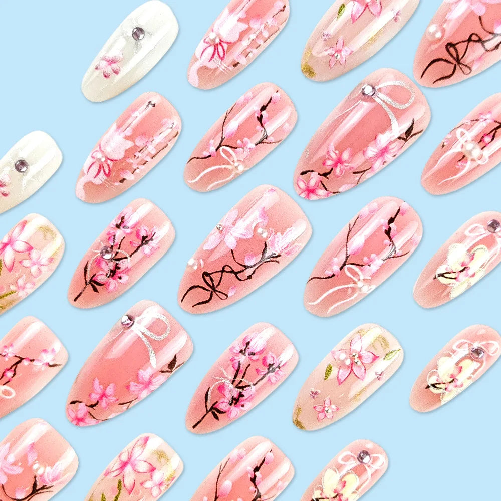 24pcs Sweet Pink Flower Press on Nails Ins Pink Blush Almond False Nails Wearable Reusable Fashion Korean Fake Nails for Women