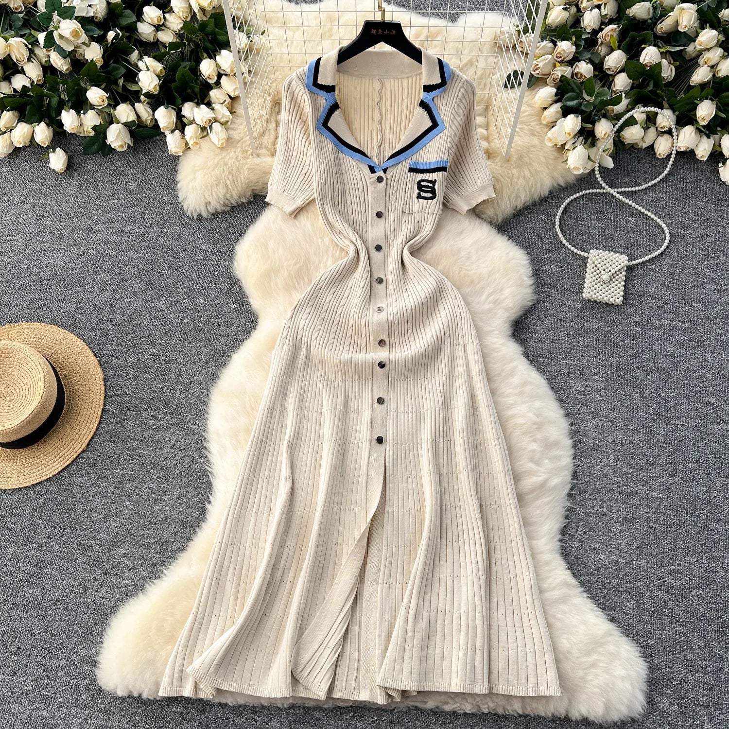 YuooMuoo Summer Women Knitted Long Dress Brand Fashion Turn-down Collar A-line Sweater Dress Elegant Lady Office Dress Robe Beige One Size
