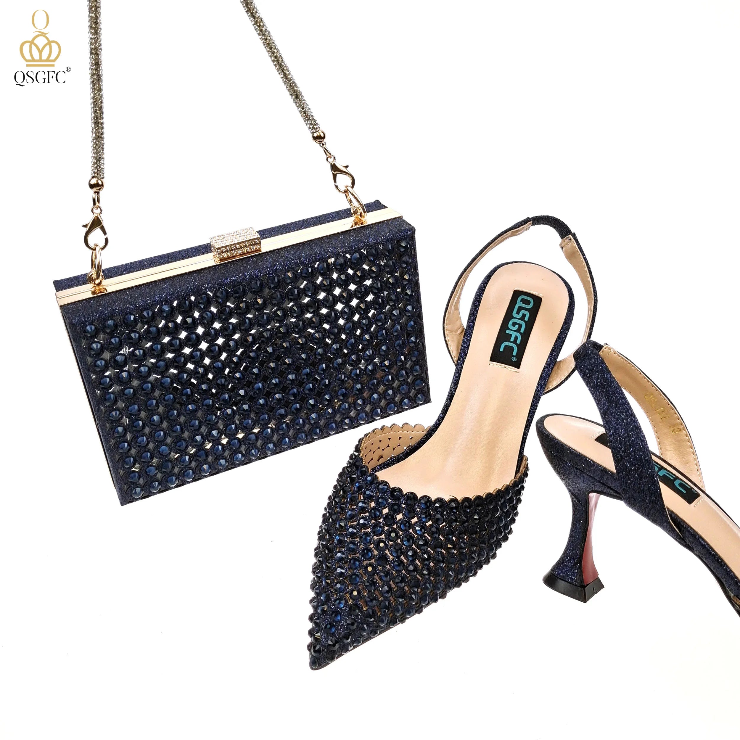 Italian Design Women Hollowed Out Embroidery Colorful Rhinestones Rainbow Color Women's Shoes and Party Wedding Bags Set N.BLUE