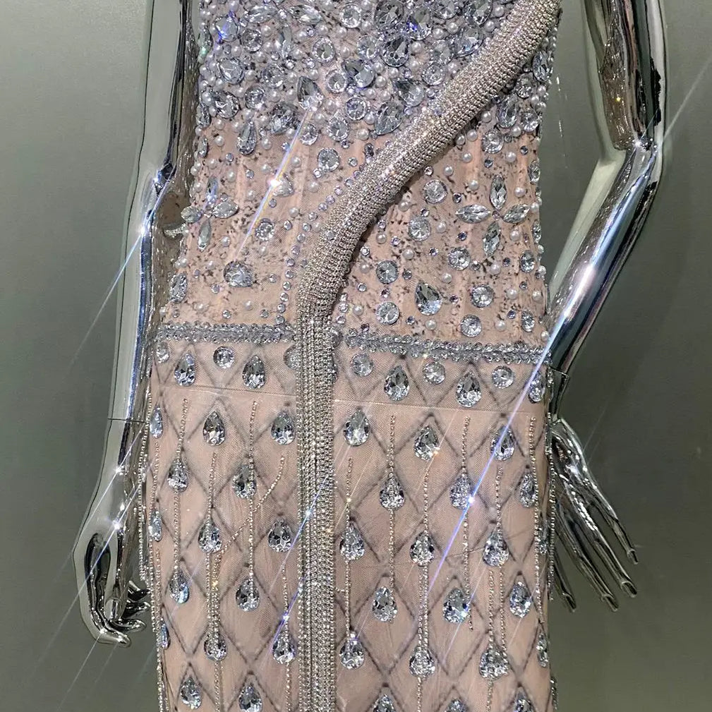 High Quality Super Shining Crystal Mesh See Through Floor Lenght Dress Woman Birthday Party Dress Stage Performances Costume