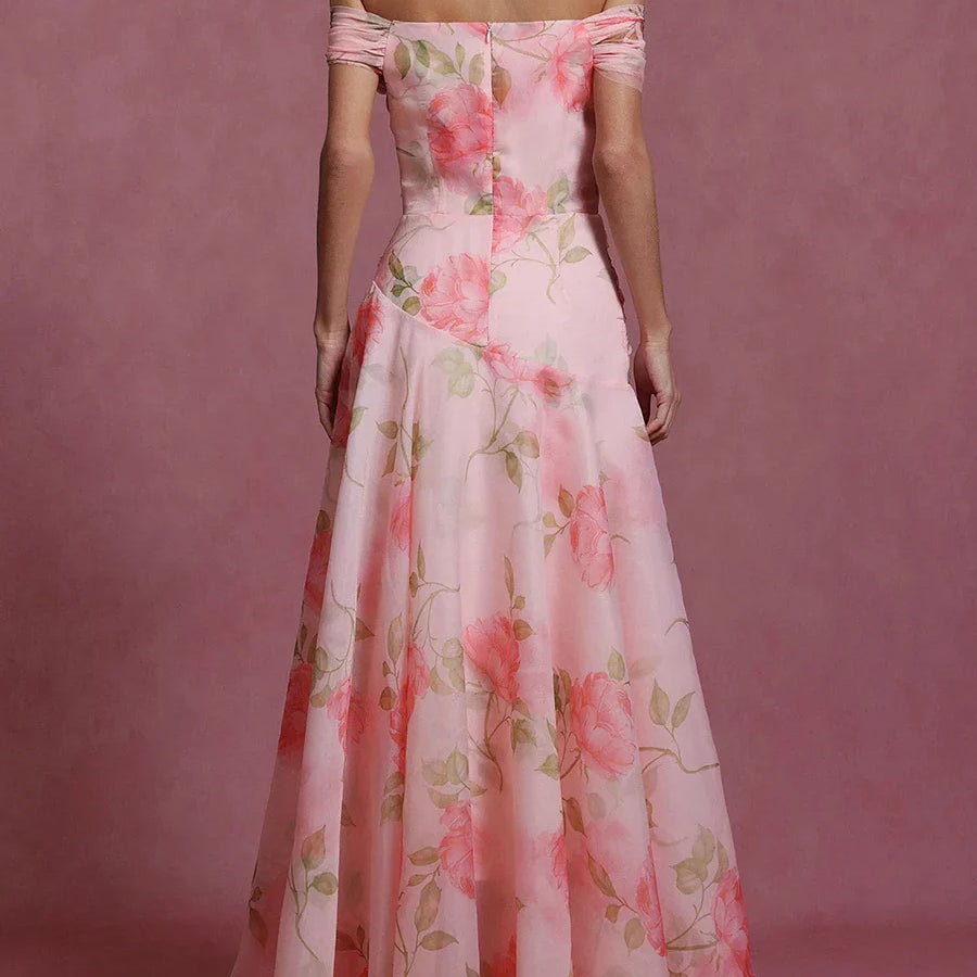 Printing Spliced 3D Flower Elegant Dresses for Women Slash Neck Off Shoulder Patchwork Fungus Folds Dress Female