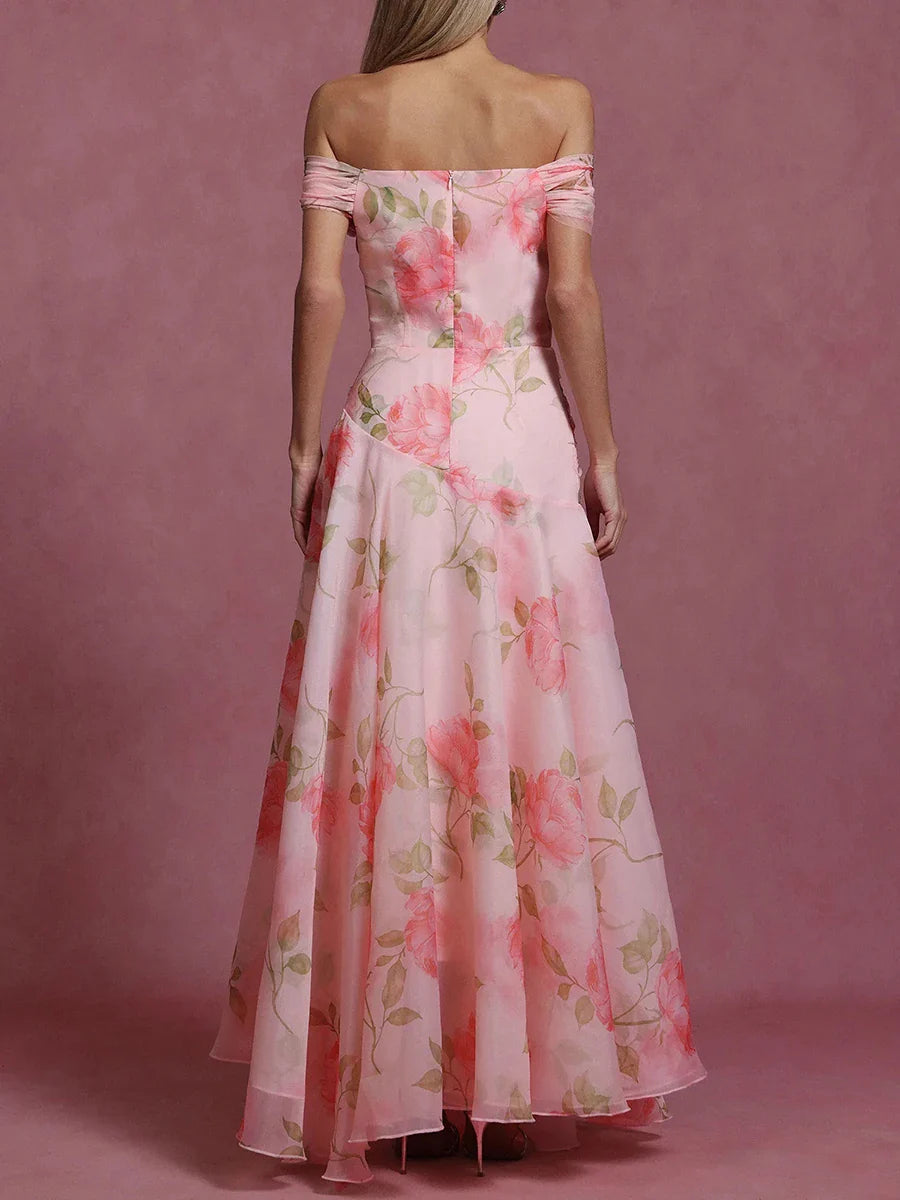 Printing Spliced 3D Flower Elegant Dresses for Women Slash Neck Off Shoulder Patchwork Fungus Folds Dress Female