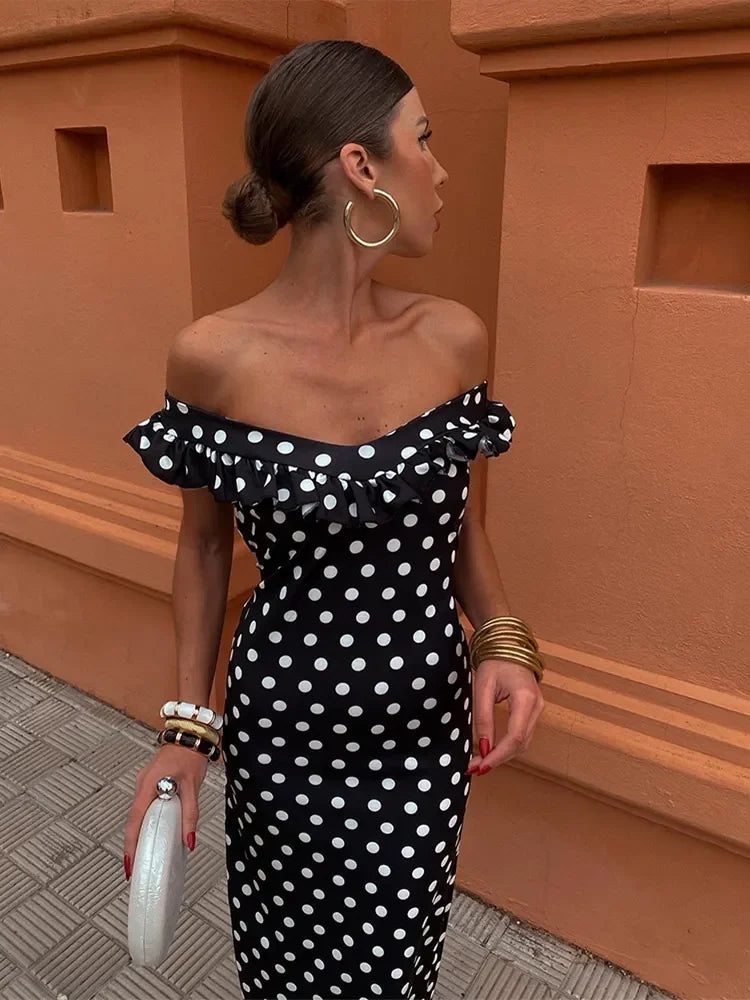 Elegant Polka Dot Print Ruffles Maxi Dress Women Fashion Strapless Slash Neck Backless Vestidos Lady Party Club Sexy Robes