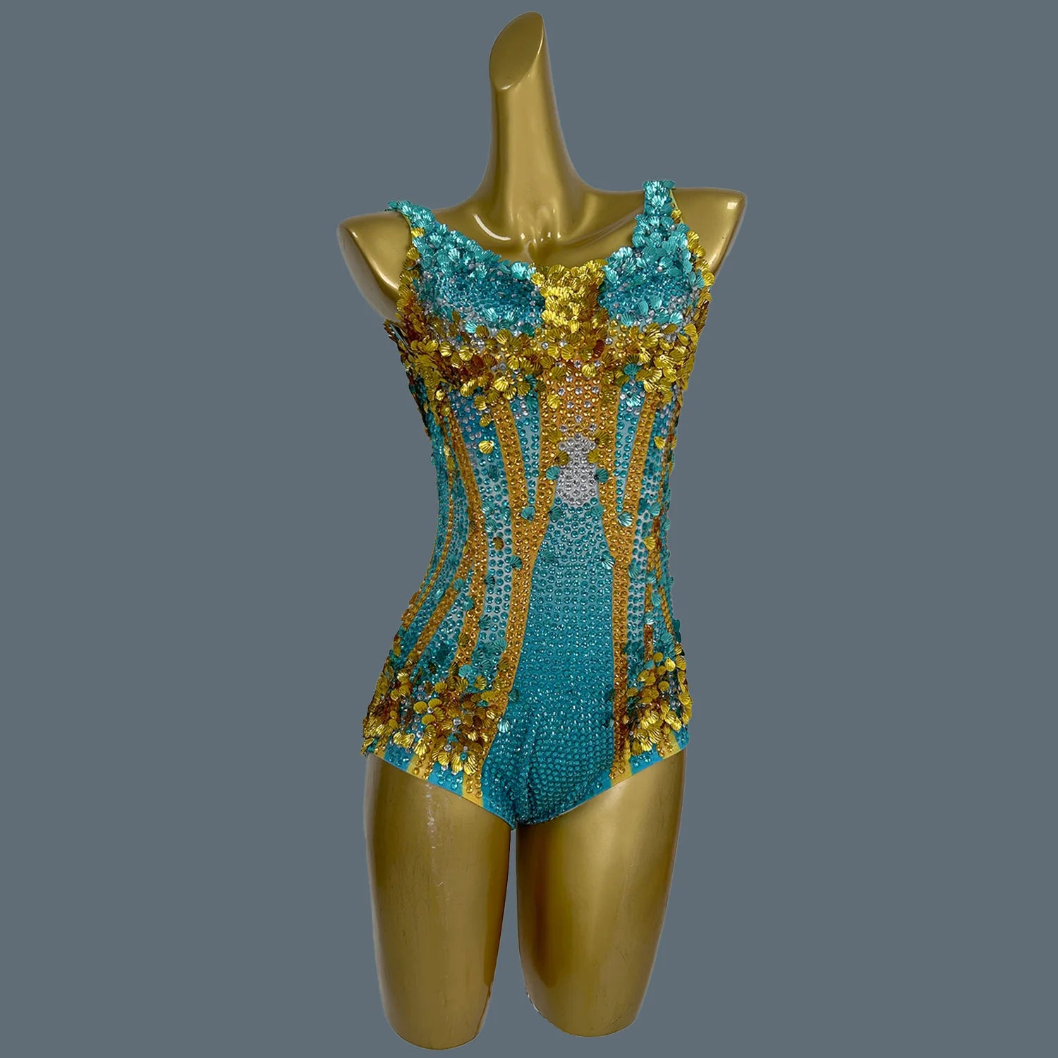New Sparkly Rhinestones Tight Bodysuit for Women Sexy Performance Outfit Dancer Costume Nightclub Bar DJ Show Stage Wear Meimei Gold