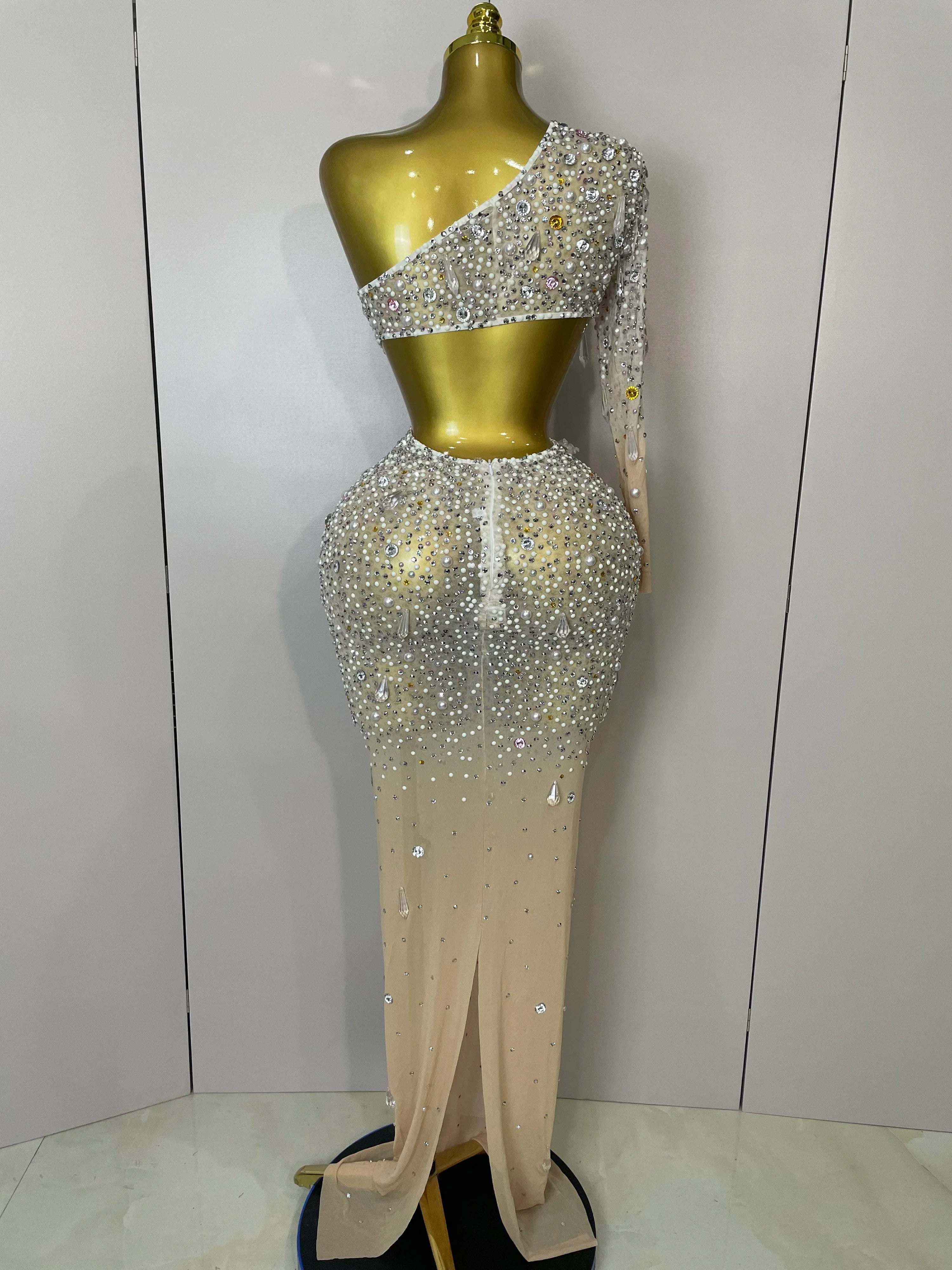 Stock 2025 Women Sexy One Shoulder Hollow Out Big Crystal Bodycon Long Dress Celebrate Nightclub Party Bar Singer Birthday Dress