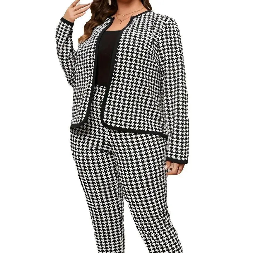 Large size directional elegant and fashionable houndstooth round neck women's long pants set, casual and versatile spring and au