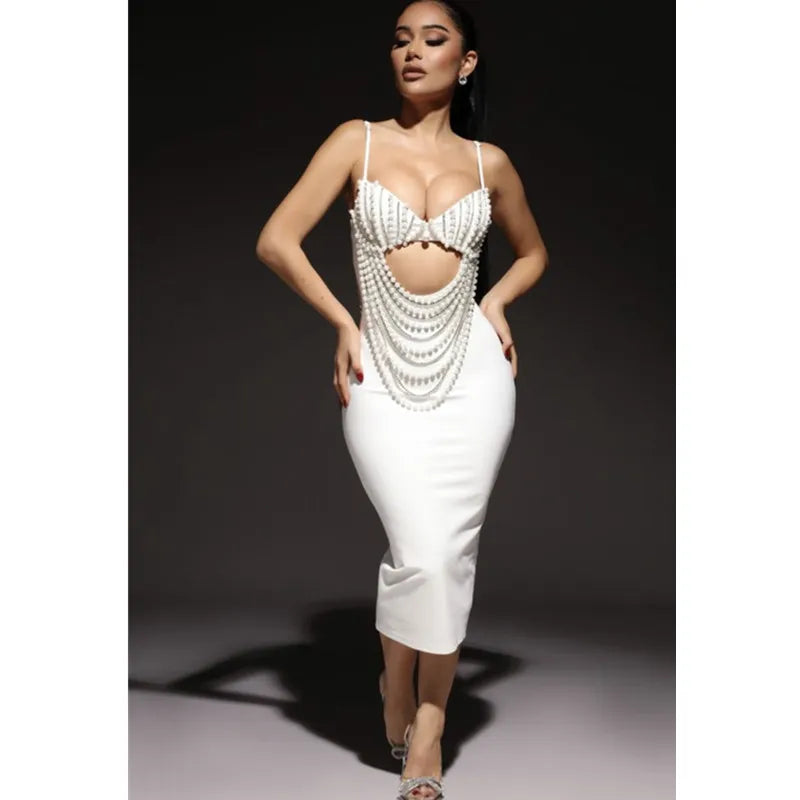 Women Summer Fashion Sexy Sleeveless Diamonds White Pearl Tassel Bodycon Bandage Dress Elegant Evening Club Party Dress WHITE
