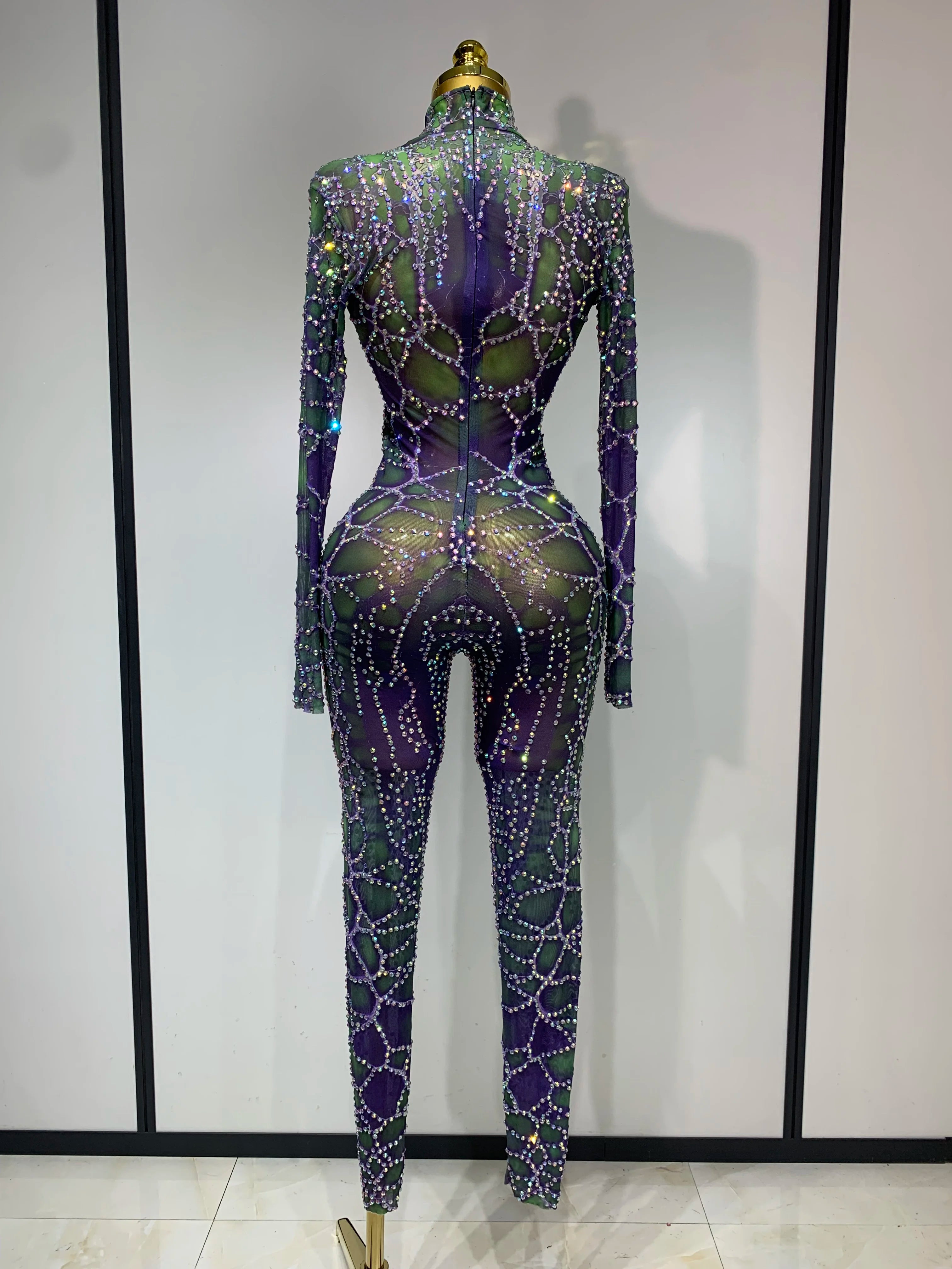 Women Sparkly Rhinestones Mesh Bodycon Jumpsuit Singer Stage Performance Dance Costume Nightclub Party Luxury Birthday Outfit