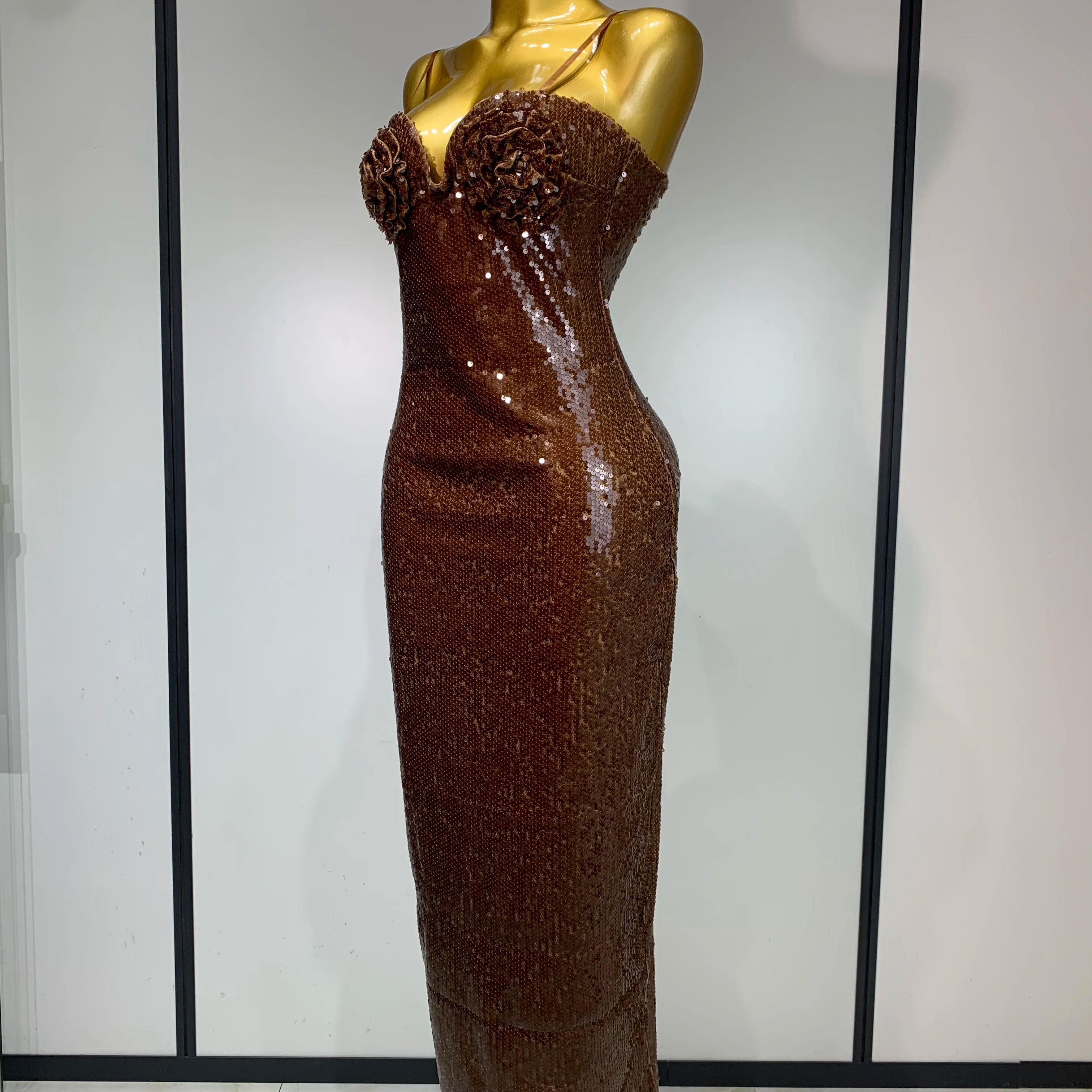 Women Luxury Sexy Sleeveless Backless Mesh Sequins Flower Brown Bodycon Maxi Dress Club Elegant Celebrity  Evening Party Dress