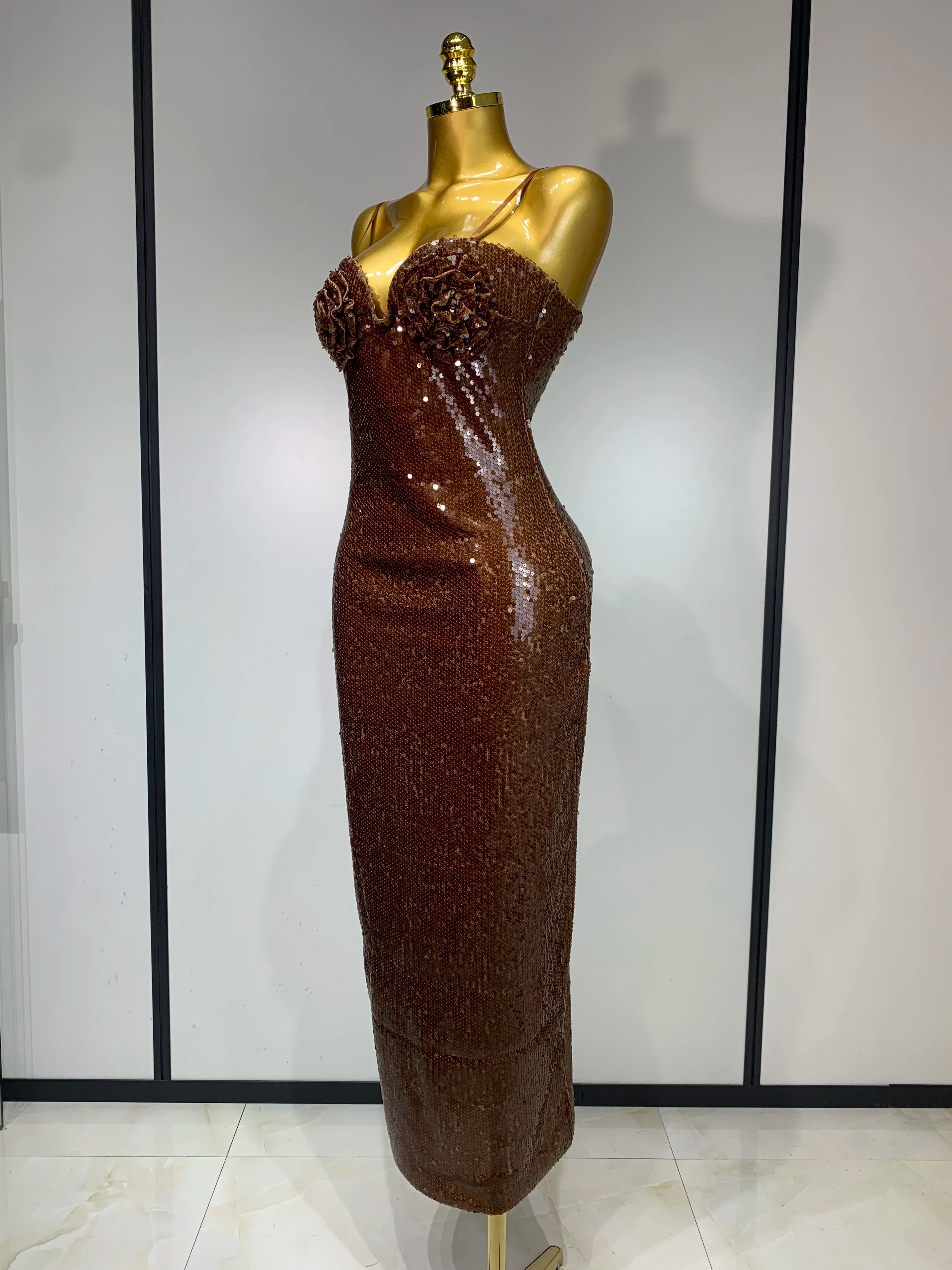 Women Luxury Sexy Sleeveless Backless Mesh Sequins Flower Brown Bodycon Maxi Dress Club Elegant Celebrity  Evening Party Dress