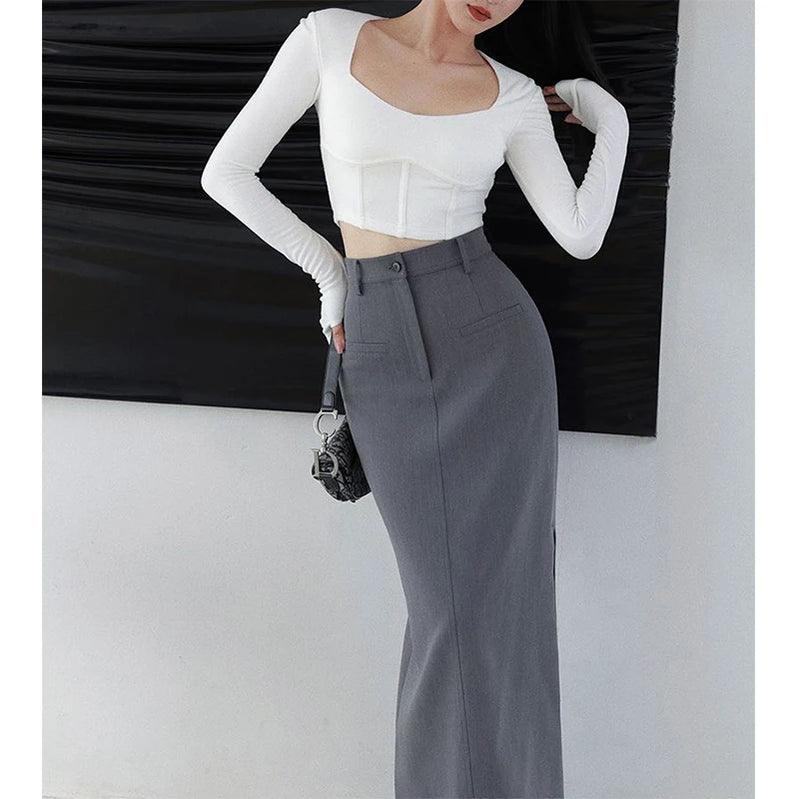 Elegant Slit Midi Skirts Women Streetwear High Waist Suit Skirt Office Lady Korean Fashion Grey Black Slim Pencil Skirts