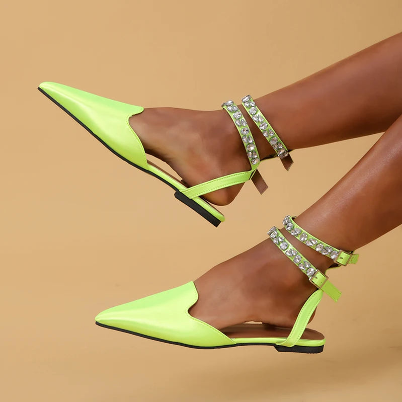 Funky Rhinestone Flat Sandals Women Summer Pointed Toe Strappy Sandals Woman Plus Size 42 Ankle Straps Party Shoes Flats