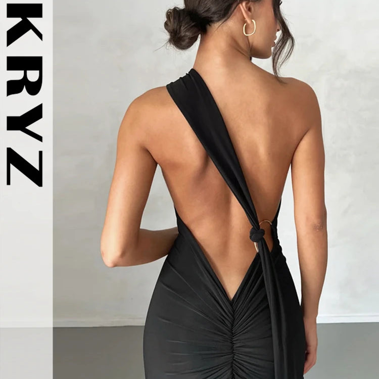 Ladies Night Club Wear Neon Y2K Summer Outfits Women Sleeveless Backless Halter Ruched Bodycon Evening Maxi Dress Birthday Party