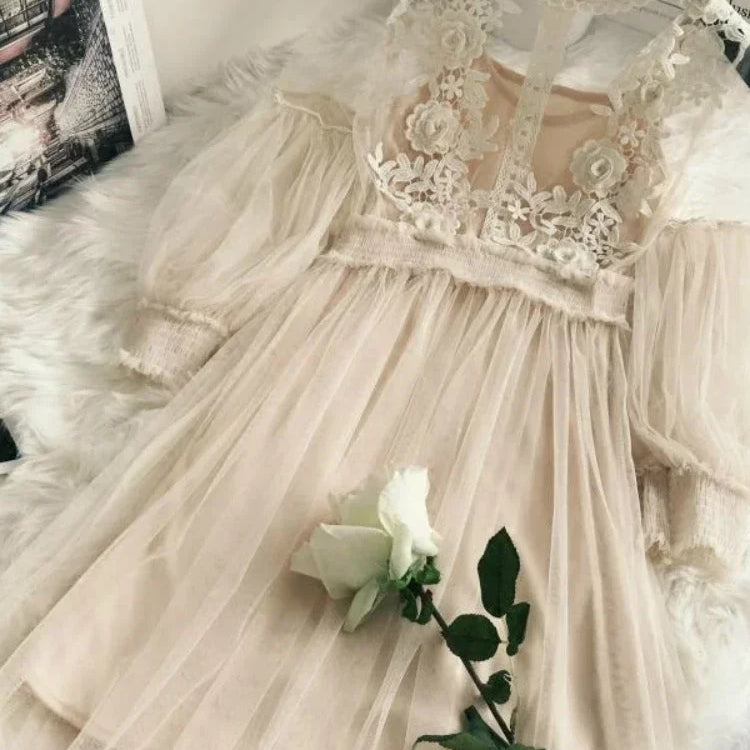 Women Party Lace Flower Dress Gauze Lantern Sleeve Voile Long Dress Female Retro Hook Princess Dress 2 Piece Set apricot