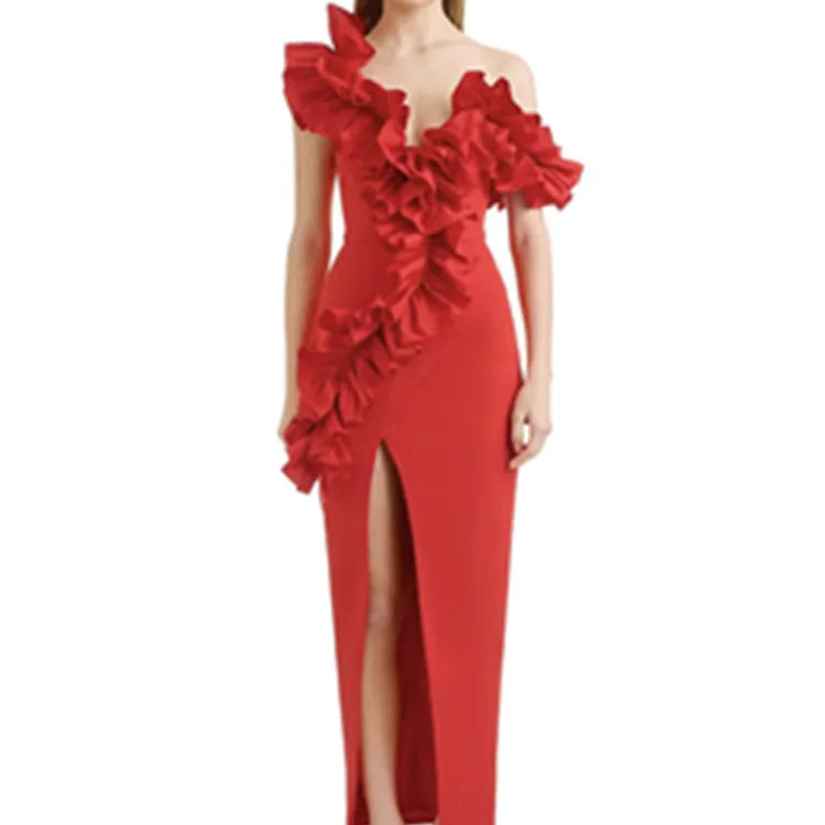 Women Celebrity Sexy Off Shoulder Ruffles Black Red Split Midi  Bodycon Bandage Dress 2024 Elegant Evening Club Party Outfit