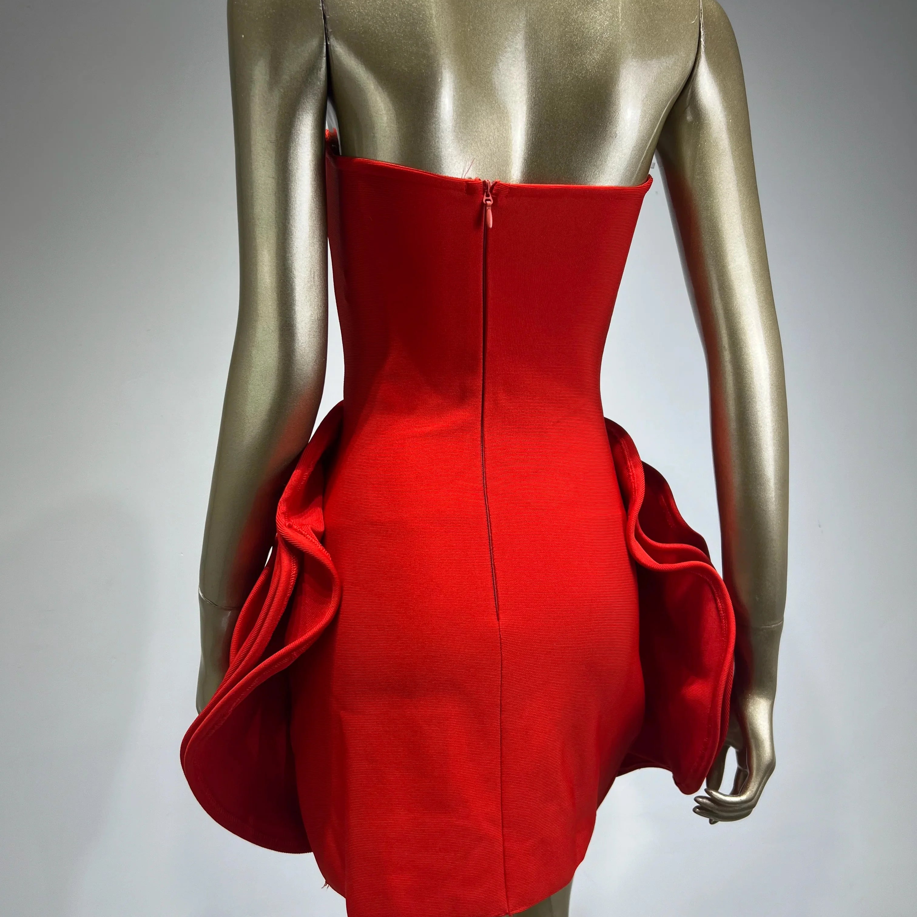 Women Celebrity Sexy Strapless Backeless Red Flower Mini Bodycon Bandage Dress Elegant Evening Club Party Dress