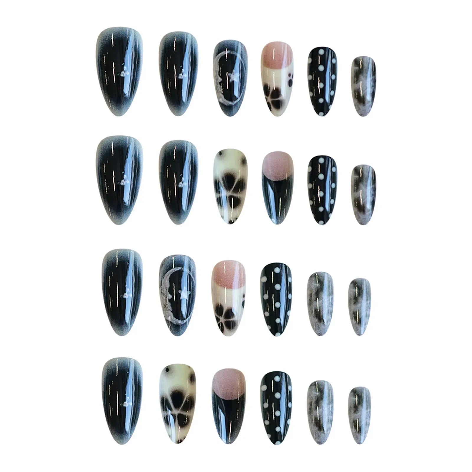 Gradient Black Almond False Nails White Dot Printed 24Pcs French Press On Nails Flower/Star Decor Stick-on Fake Nails Art