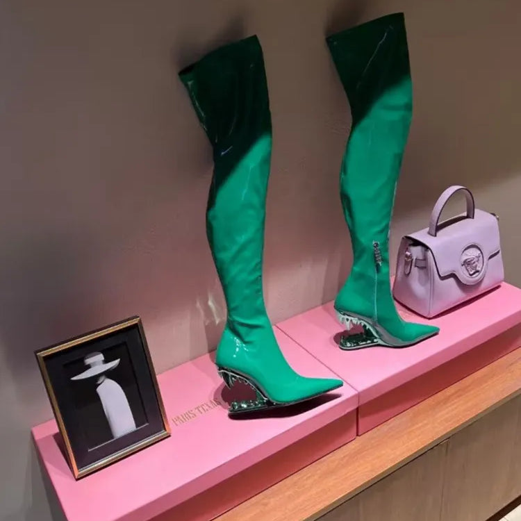 European and American New Knee-length Thigh Women's Boots Fashion Pointed Side Zipper Teeth High Heels Show Patent Leather Boots Apricot color