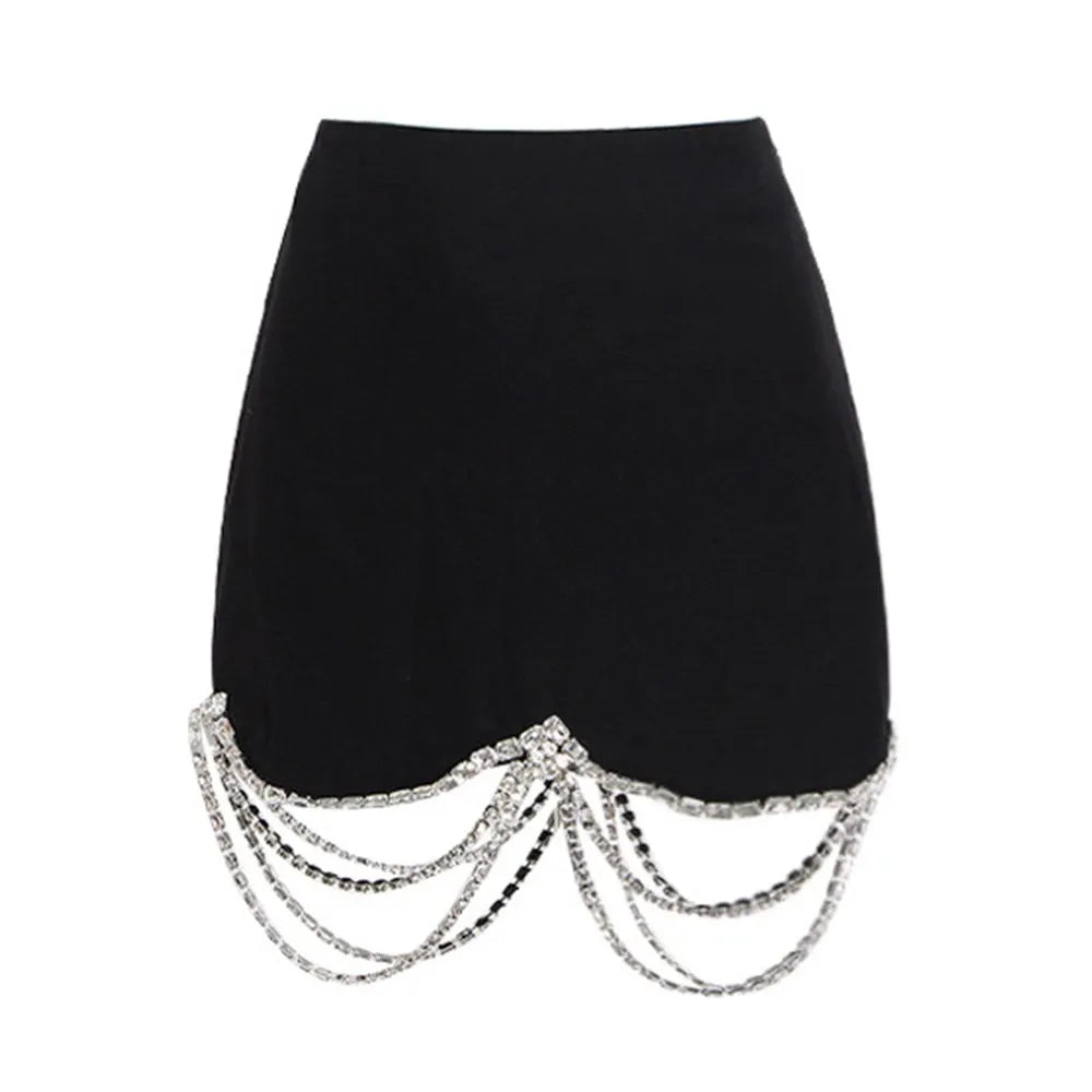 KBQ Luxury Spliced Diamonds Chain Skirt For Women High Waist Irregular Hem Mini Bodycon Skirts Female Fashion Summer Clothing Black
