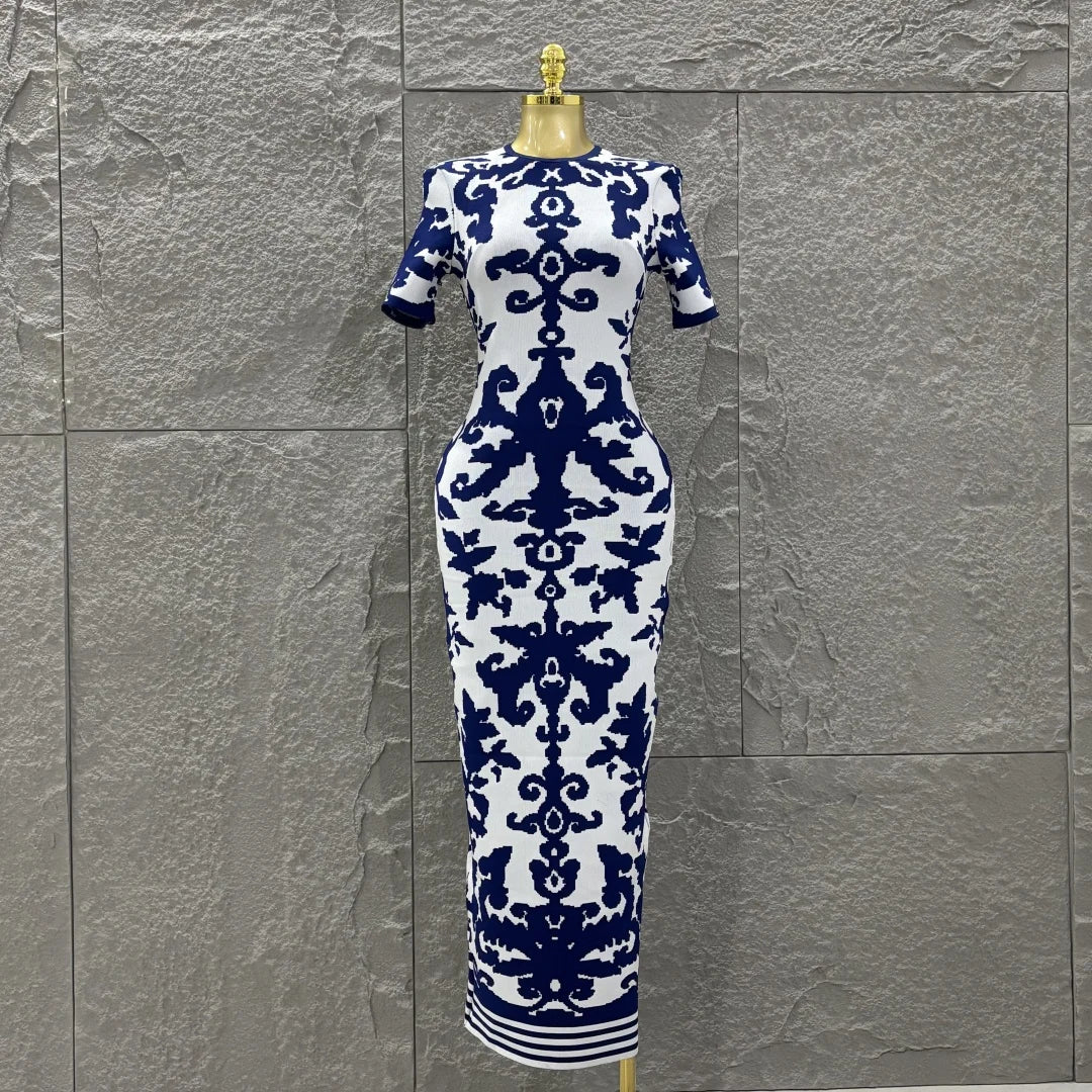 Top Quality Women Short Sleeve Sexy Blue Jacquard Bodycon Long Bandage Dress Elegant Evening Party Occation Office Wear