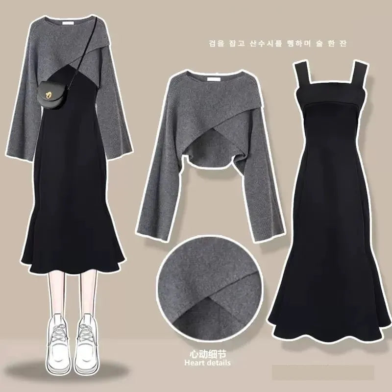 Women's Fashion Dress Matching Set Autumn Winter New Chic Knitted Sweater Sling Skirt Two Piece Korean Elegant Clothes Suit Set 05